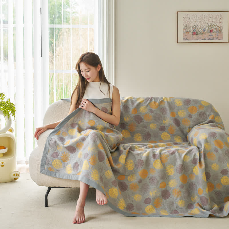 Couette réversible en gaze de coton jacquard à motifs de feuilles