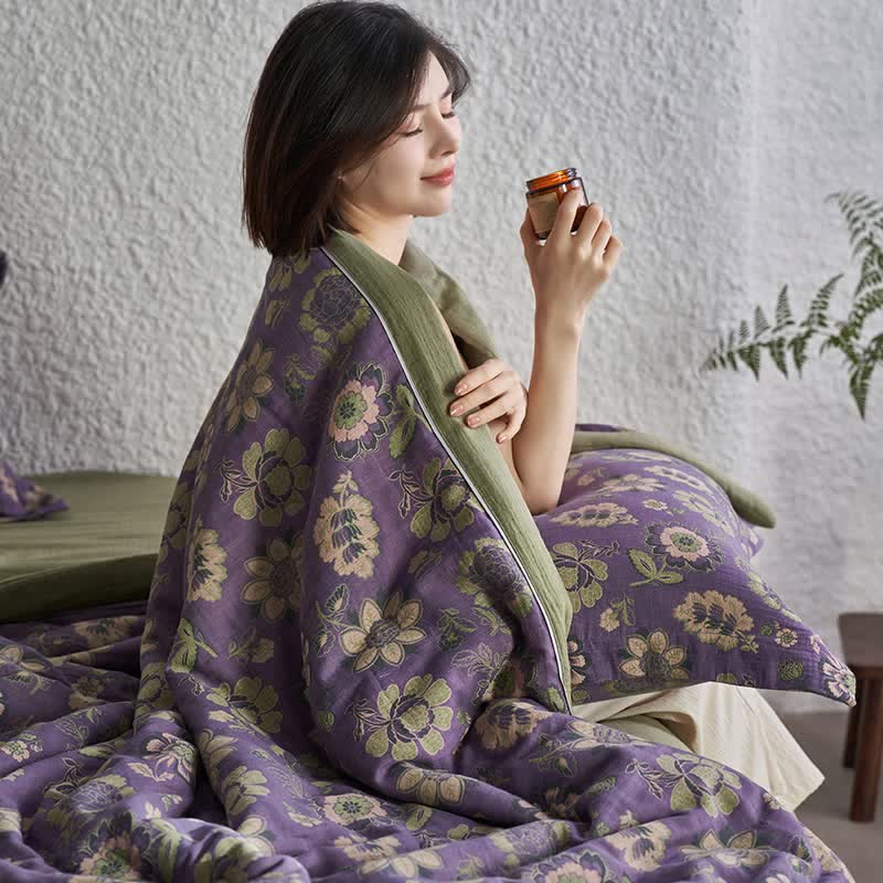 Couette jacquard en gaze de pur coton à motif floral