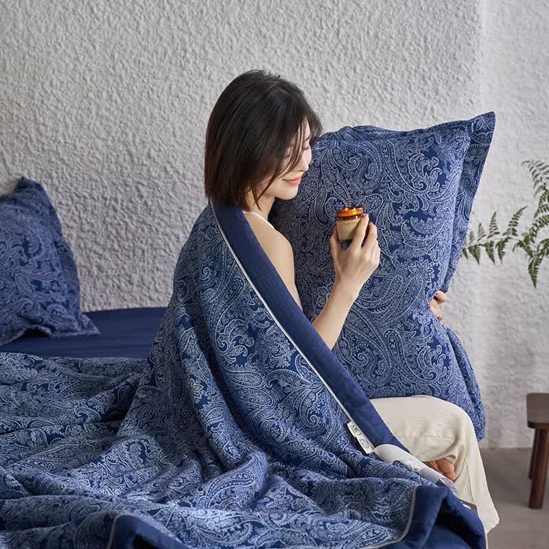 Collection de literie rétro en gaze de coton bleu foncé