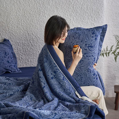 Collection de literie rétro en gaze de coton bleu foncé