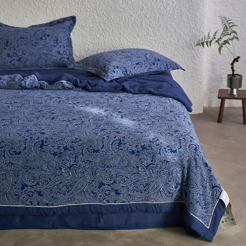 Collection de literie rétro en gaze de coton bleu foncé