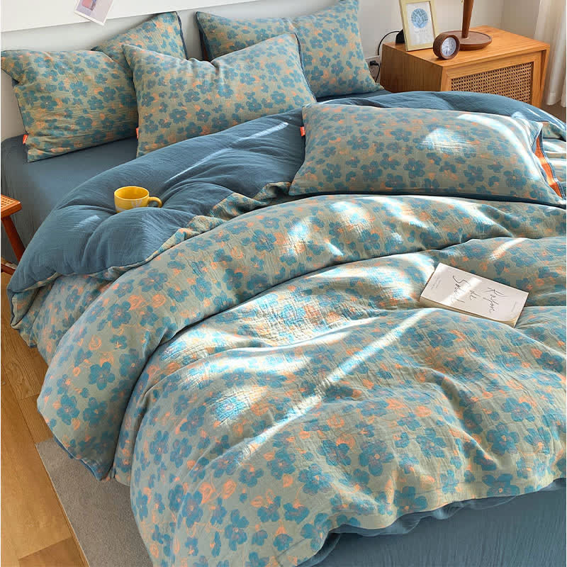 Linge de lit en gaze de coton de style rétro à motif floral