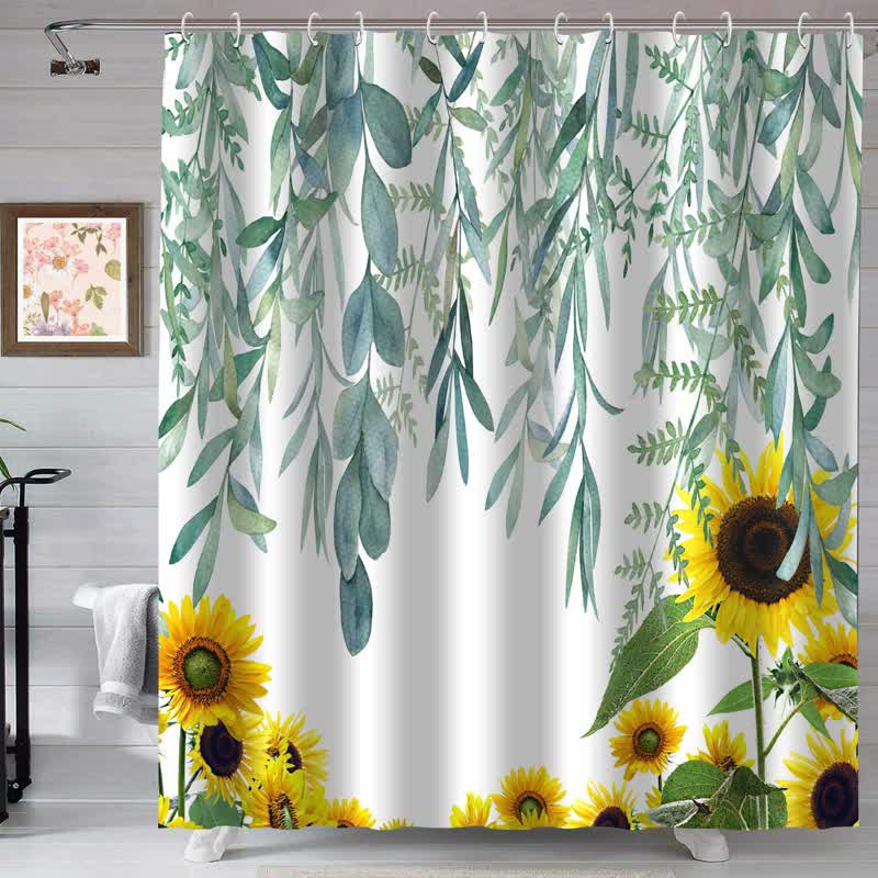 Rideau de douche rustique imperméable avec tournesol et feuille
