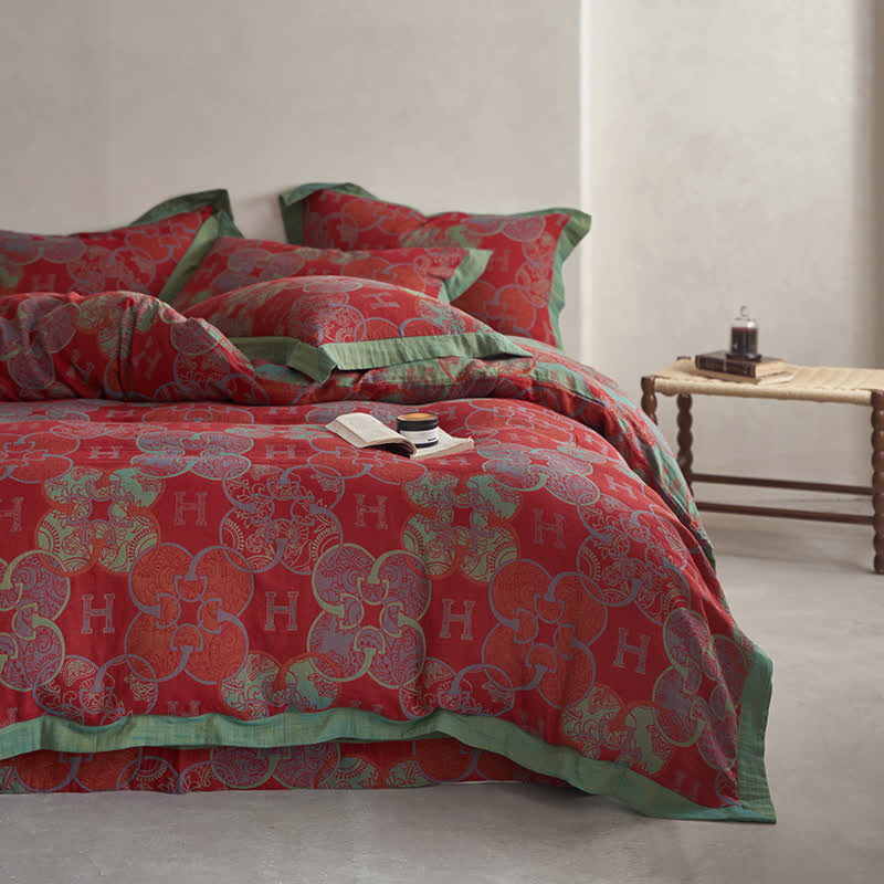 Parure de lit en coton jacquard de style rétro (4 pièces)