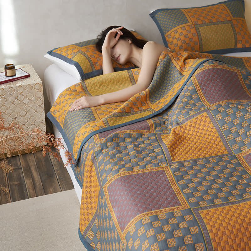 Couette en gaze de coton respirante avec imprimé carré rétro