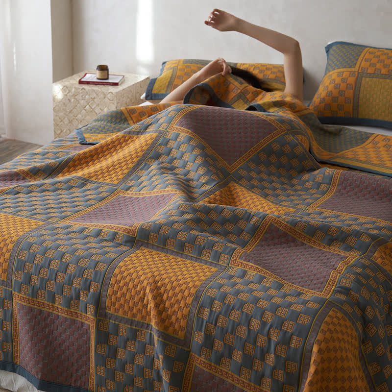 Couette en gaze de coton respirante avec imprimé carré rétro
