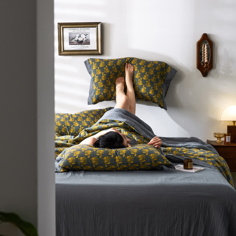 Linge de lit respirant en gaze de coton lapin jacquard