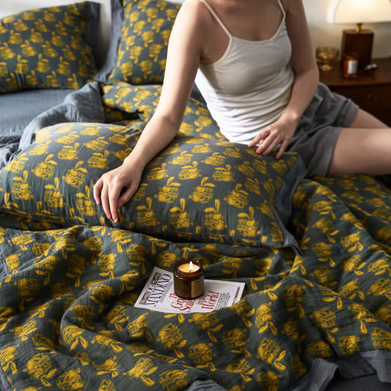 Linge de lit respirant en gaze de coton lapin jacquard