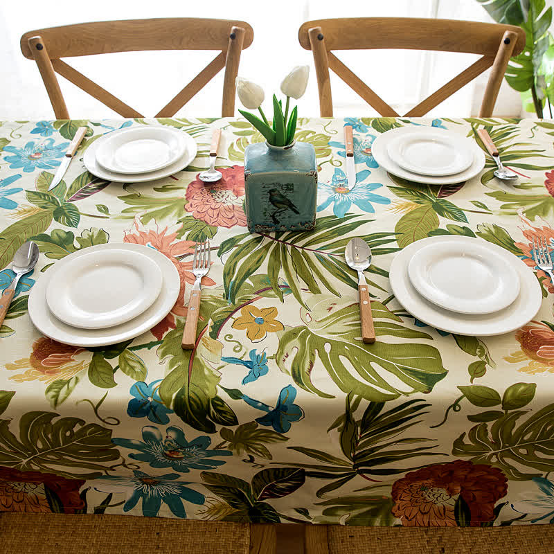 Nappe en pur coton avec motif monstera de forêt tropicale