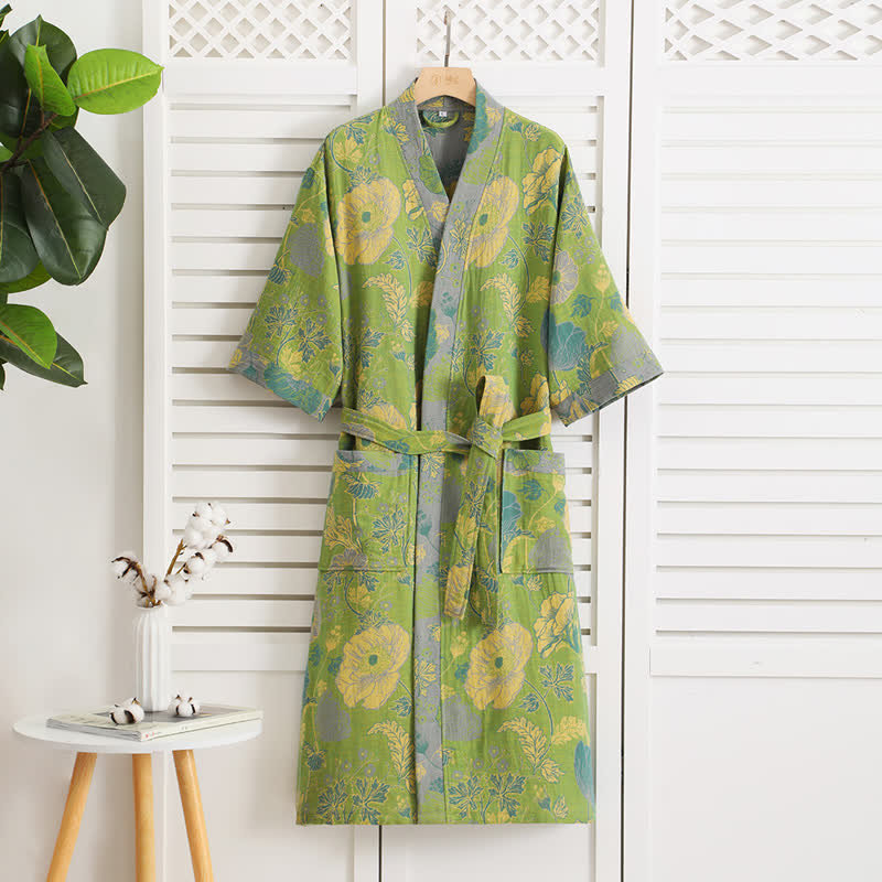 Peignoir rustique en gaze de coton à motif floral et col en V