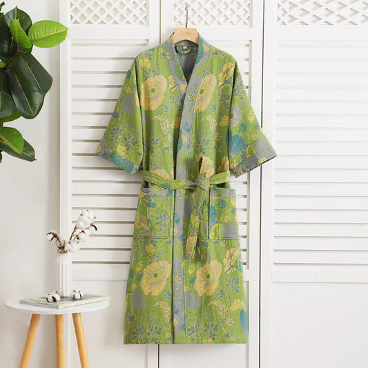 Peignoir rustique en gaze de coton à motif floral et col en V