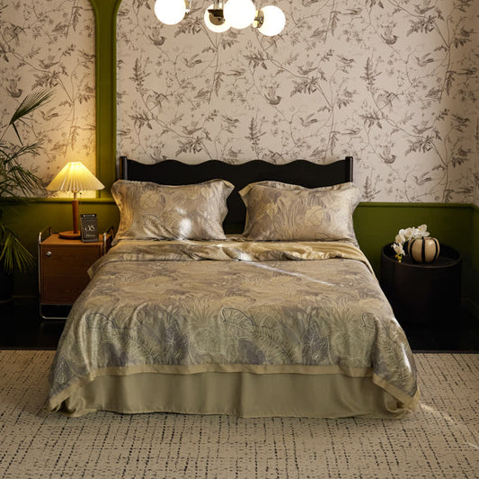 Linge de lit luxueux en lyocell au motif de feuilles rétro