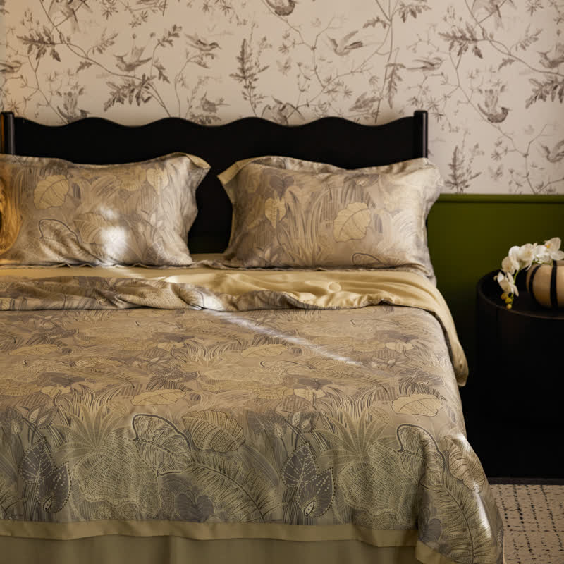 Linge de lit luxueux en lyocell au motif de feuilles rétro