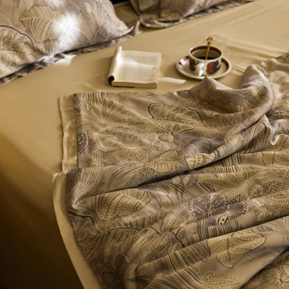 Linge de lit luxueux en lyocell au motif de feuilles rétro