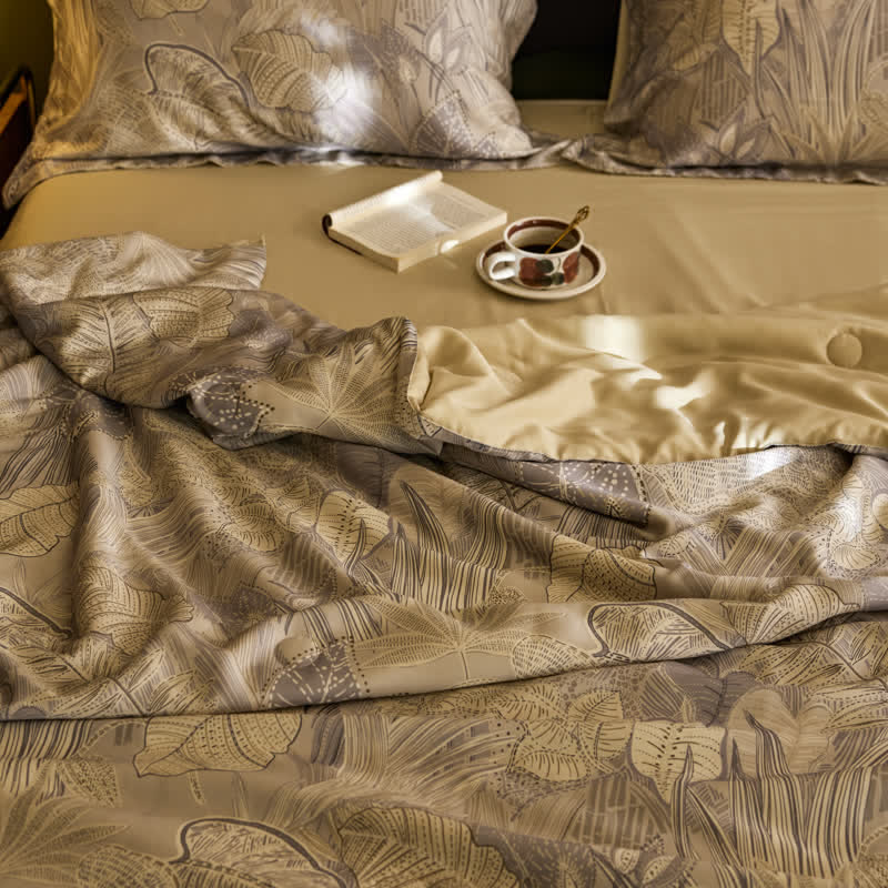 Linge de lit luxueux en lyocell au motif de feuilles rétro