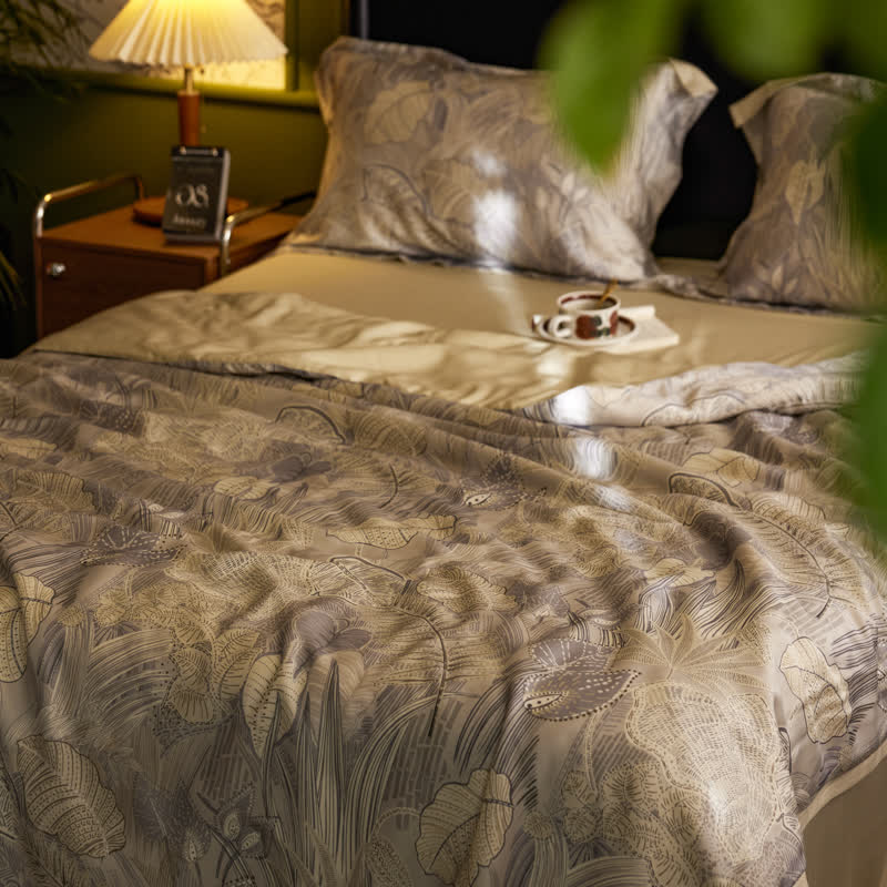 Linge de lit luxueux en lyocell au motif de feuilles rétro