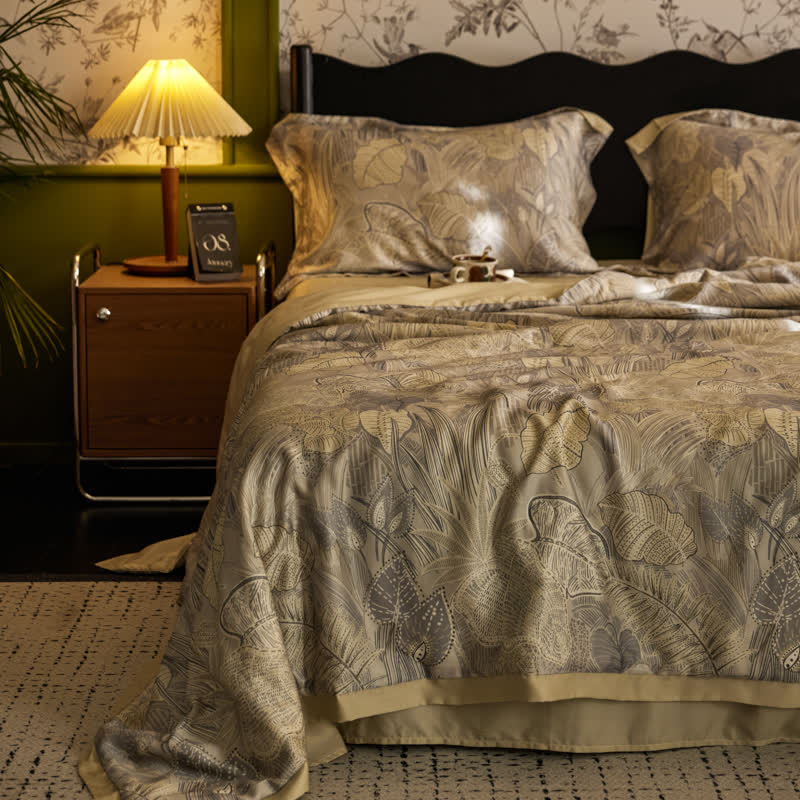 Linge de lit luxueux en lyocell au motif de feuilles rétro