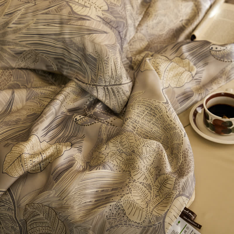 Linge de lit luxueux en lyocell au motif de feuilles rétro