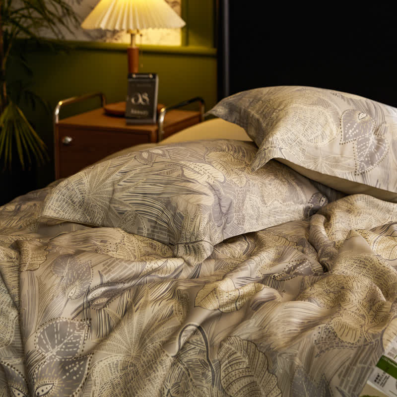 Linge de lit luxueux en lyocell au motif de feuilles rétro