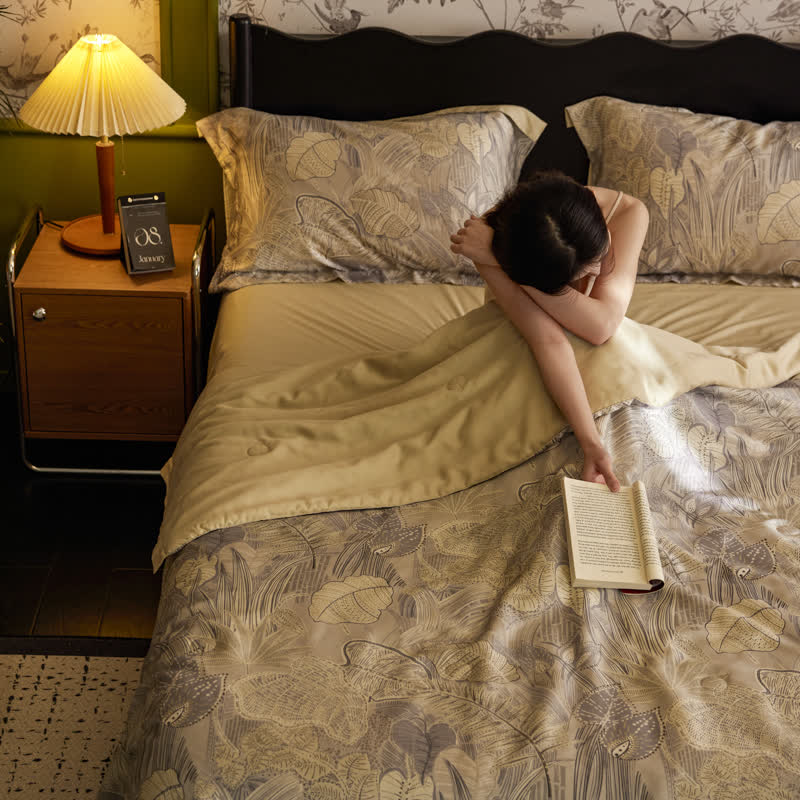 Linge de lit luxueux en lyocell au motif de feuilles rétro