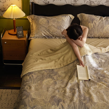 Linge de lit luxueux en lyocell au motif de feuilles rétro
