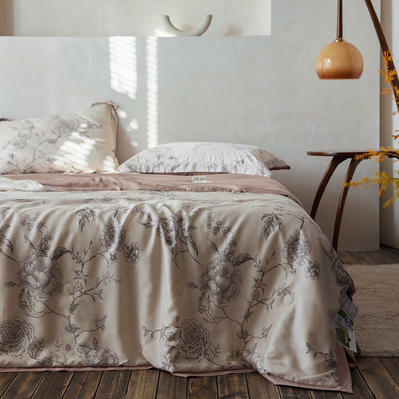 Linge de lit respirant en fibre lyocell avec motif floral et motif rose