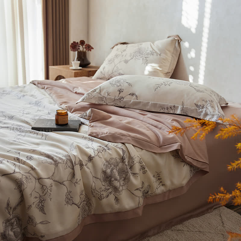 Linge de lit respirant en fibre lyocell avec motif floral et motif rose