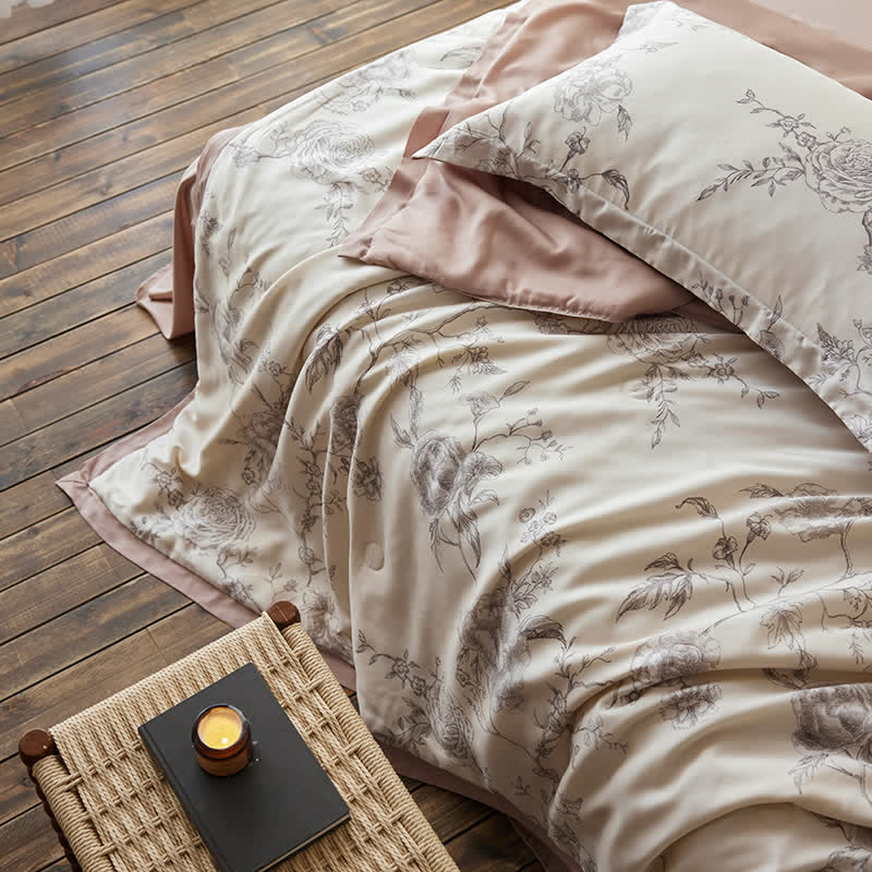 Linge de lit respirant en fibre lyocell avec motif floral et motif rose