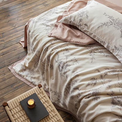 Linge de lit respirant en fibre lyocell avec motif floral et motif rose