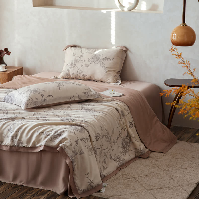 Linge de lit respirant en fibre lyocell avec motif floral et motif rose