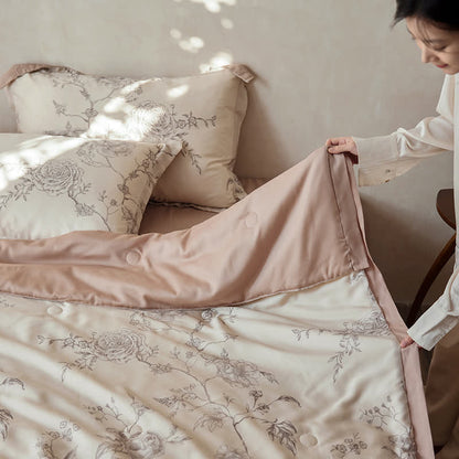 Linge de lit respirant en fibre lyocell avec motif floral et motif rose