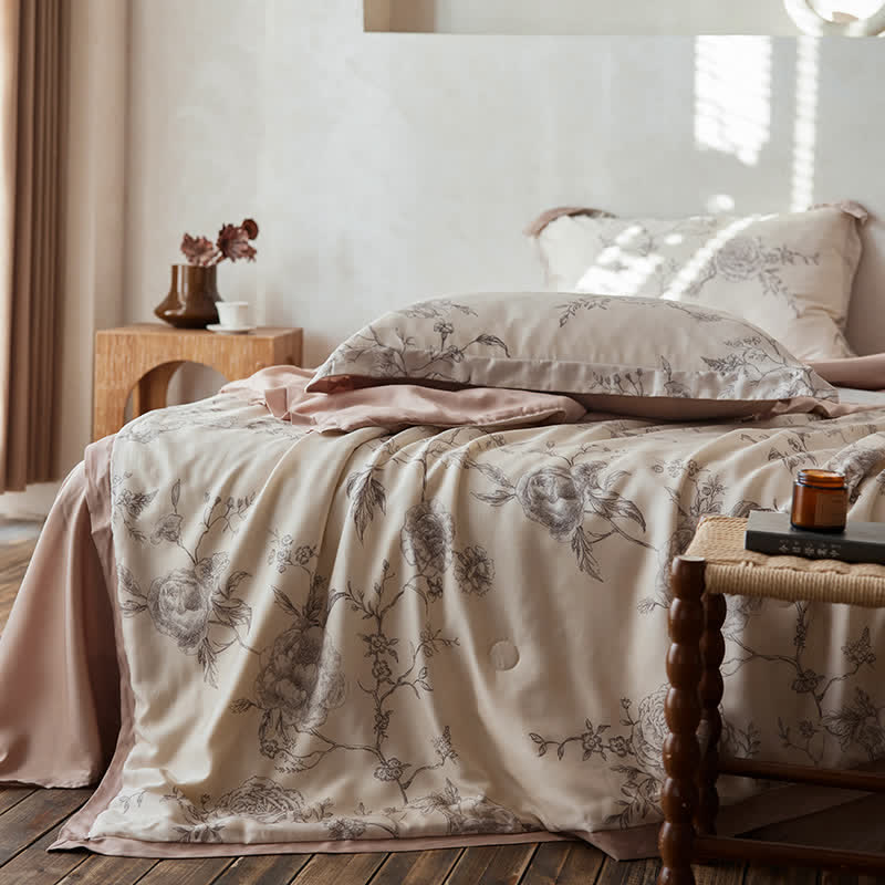 Linge de lit respirant en fibre lyocell avec motif floral et motif rose