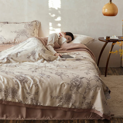 Linge de lit respirant en fibre lyocell avec motif floral et motif rose