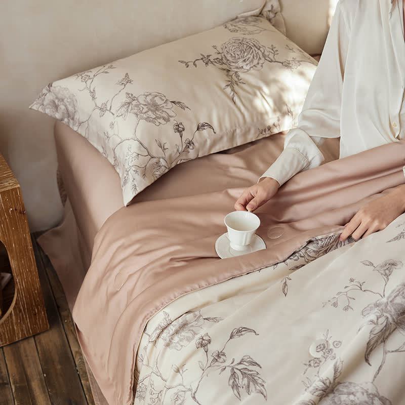 Linge de lit respirant en fibre lyocell avec motif floral et motif rose