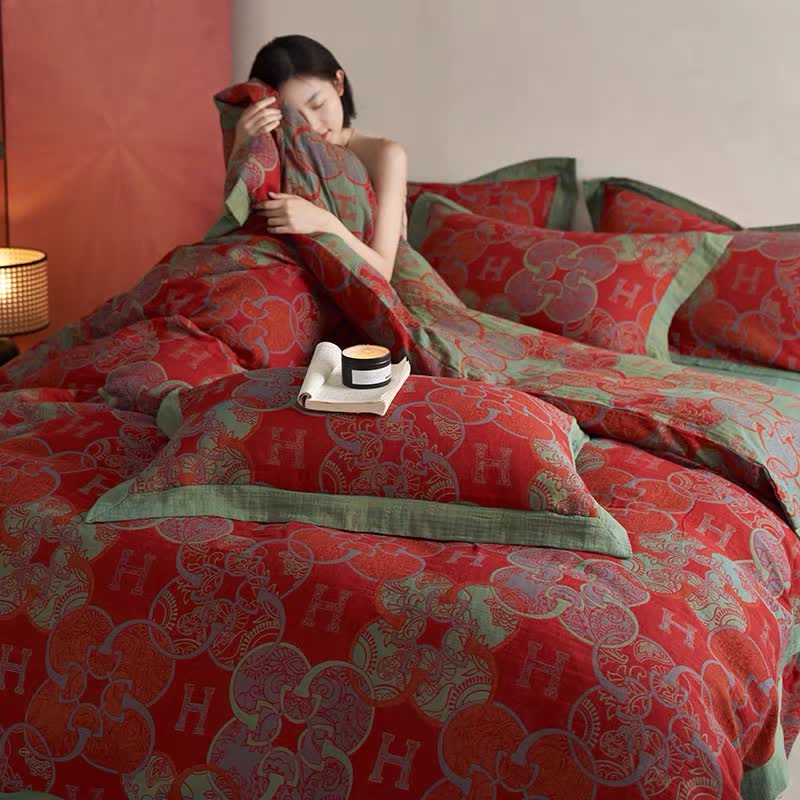 Parure de lit en coton jacquard de style rétro (4 pièces)
