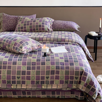 Parure de lit en gaze de coton jacquard à motif damier (4 pièces)