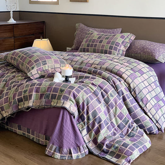 Parure de lit en gaze de coton jacquard à motif damier (4 pièces)