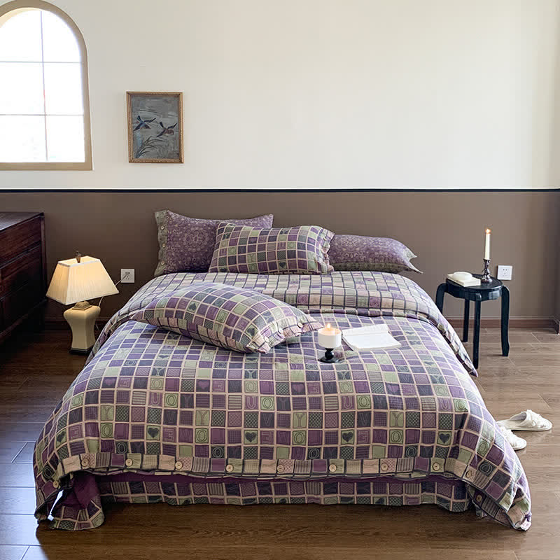 Parure de lit en gaze de coton jacquard à motif damier (4 pièces)