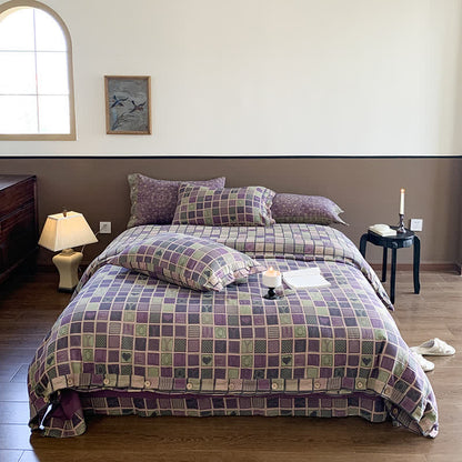 Parure de lit en gaze de coton jacquard à motif damier (4 pièces)