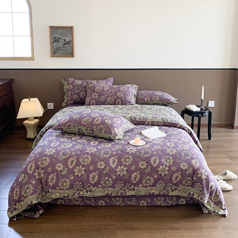 Parure de lit en gaze de coton à motifs floraux décorés de boutons (4 pièces)