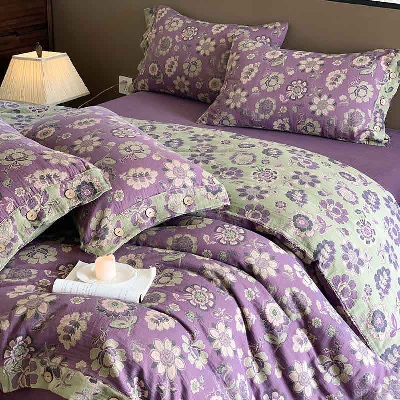 Parure de lit en gaze de coton à motifs floraux décorés de boutons (4 pièces)