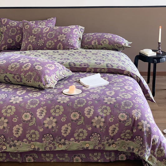 Parure de lit en gaze de coton à motifs floraux décorés de boutons (4 pièces)