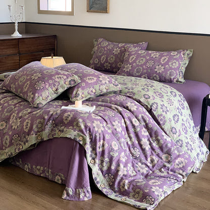 Parure de lit en gaze de coton à motifs floraux décorés de boutons (4 pièces)