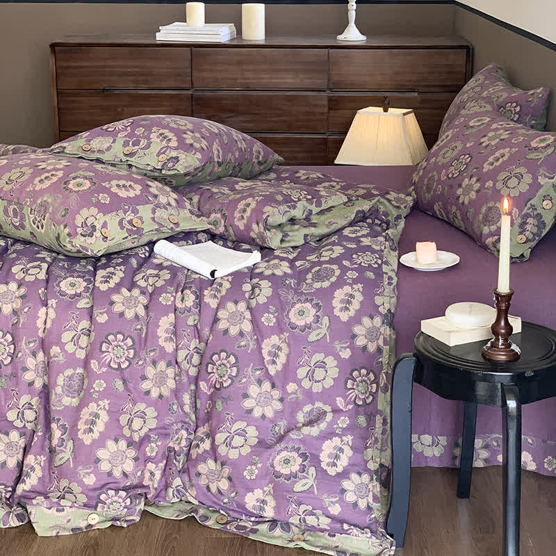 Parure de lit en gaze de coton à motifs floraux décorés de boutons (4 pièces)