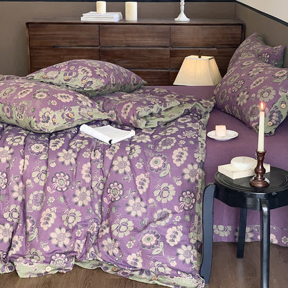 Parure de lit en gaze de coton à motifs floraux décorés de boutons (4 pièces)