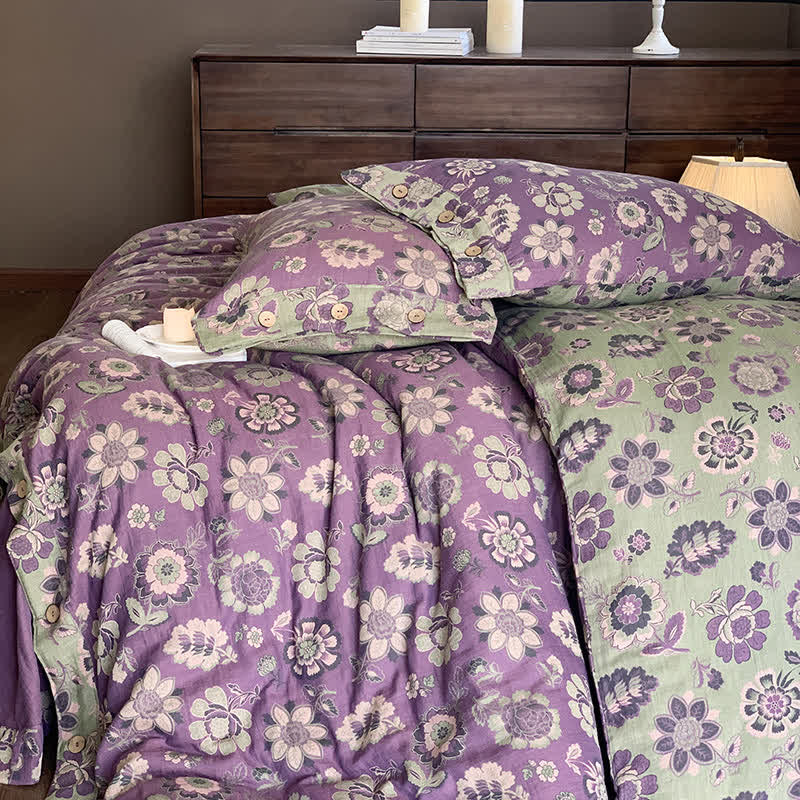 Parure de lit en gaze de coton à motifs floraux décorés de boutons (4 pièces)