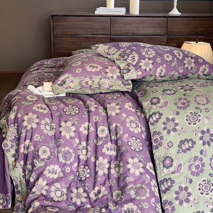 Parure de lit en gaze de coton à motifs floraux décorés de boutons (4 pièces)
