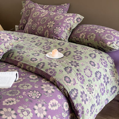 Parure de lit en gaze de coton à motifs floraux décorés de boutons (4 pièces)