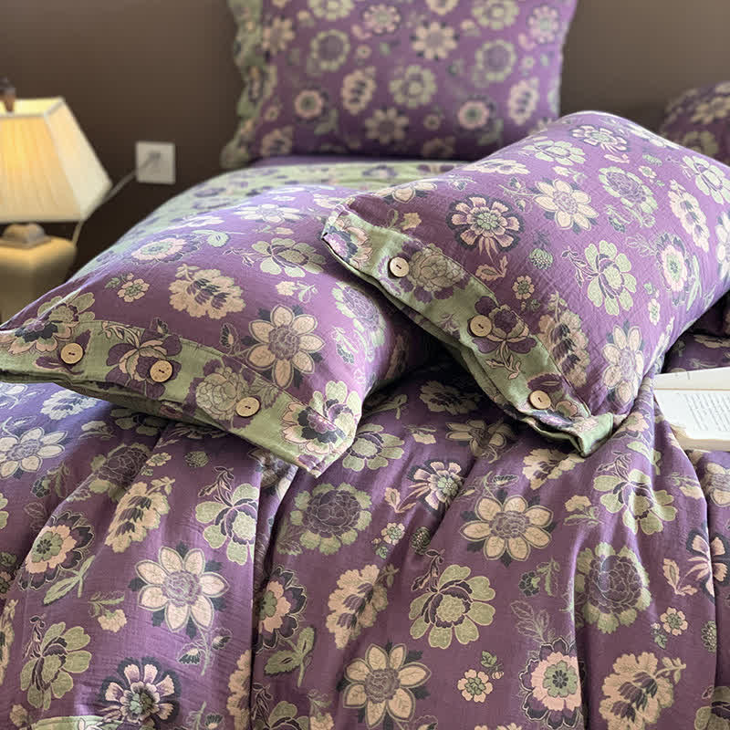 Parure de lit en gaze de coton à motifs floraux décorés de boutons (4 pièces)