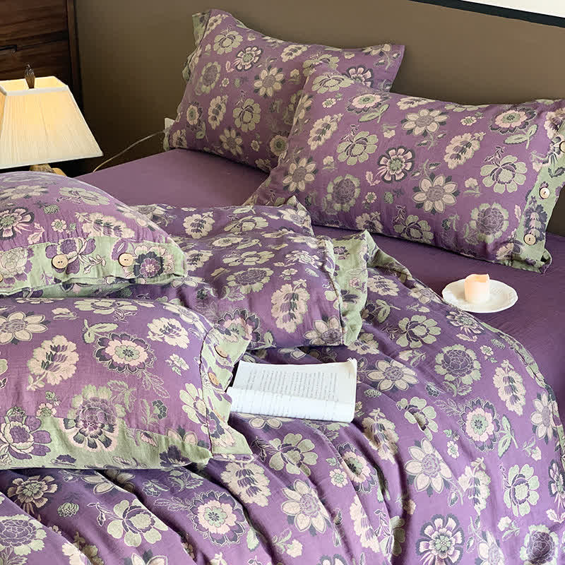 Parure de lit en gaze de coton à motifs floraux décorés de boutons (4 pièces)